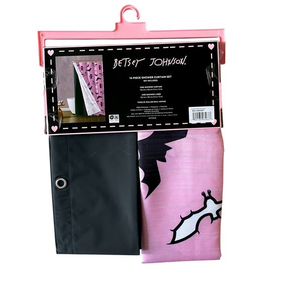 14pc Betsey Johnson Pink BATS Halloween Shower Curtain Hooks Liner Set 72x72 NEW - Picture 7 of 8